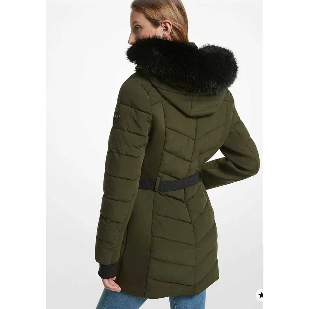 Michael Kors Puffer Parka Women Large Olive Green Belted Faux Fur Hood